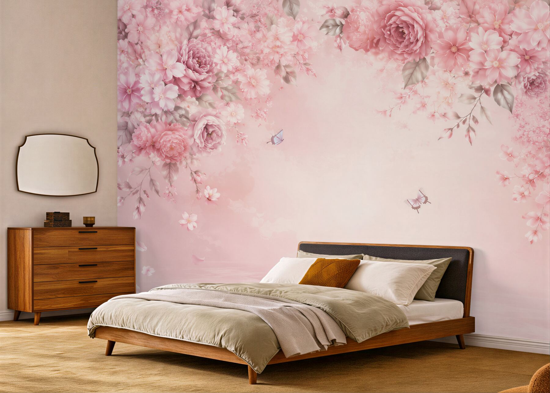 Fotobehang roze bloemen pioenen en kersen met vlinders romantisch