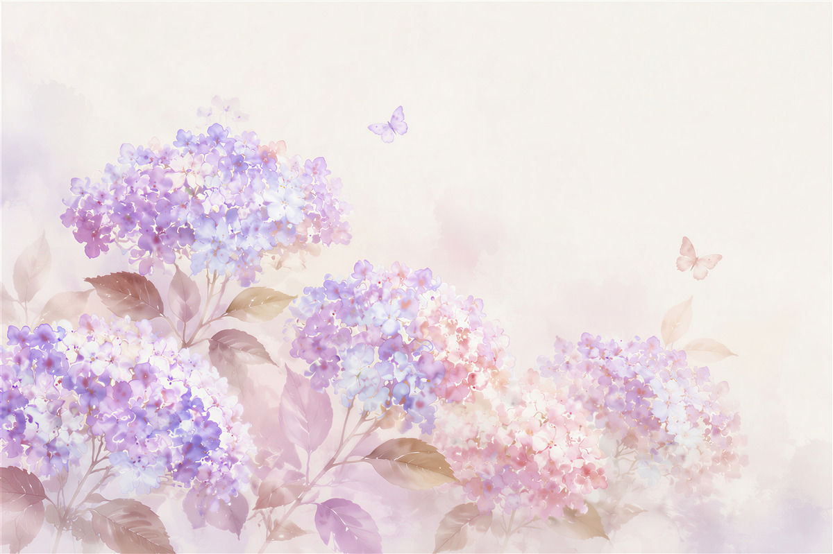 Fotobehang pastel hortensia paars-roze met vlinders voor een romantisch interieur