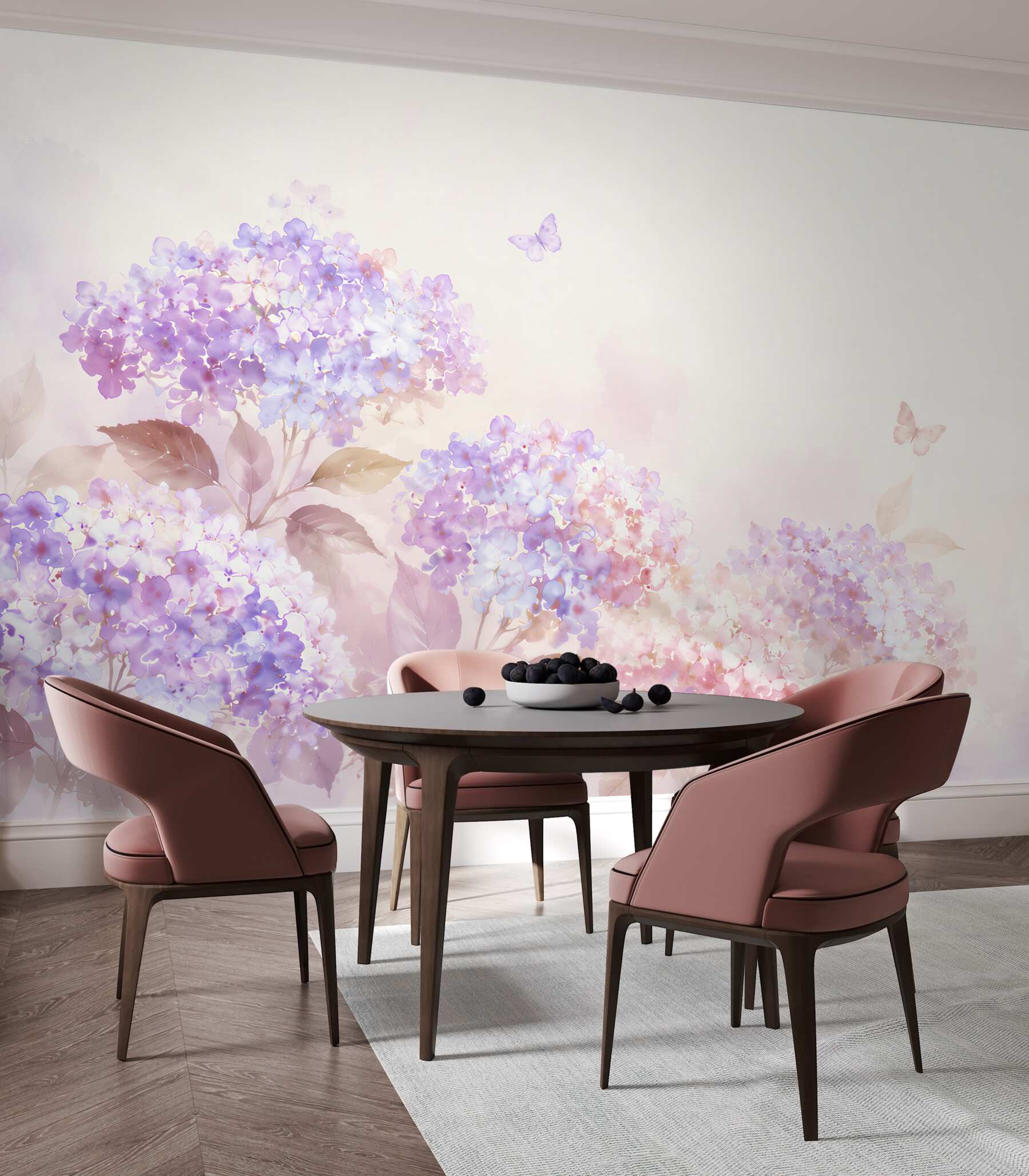 Fotobehang pastel hortensia paars-roze met vlinders voor een romantisch interieur