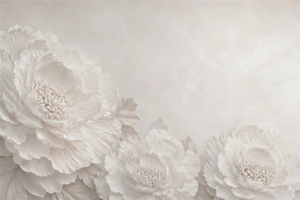 Fotobehang witte pioenen 3D in elegante beige tinten voor de woonkamer