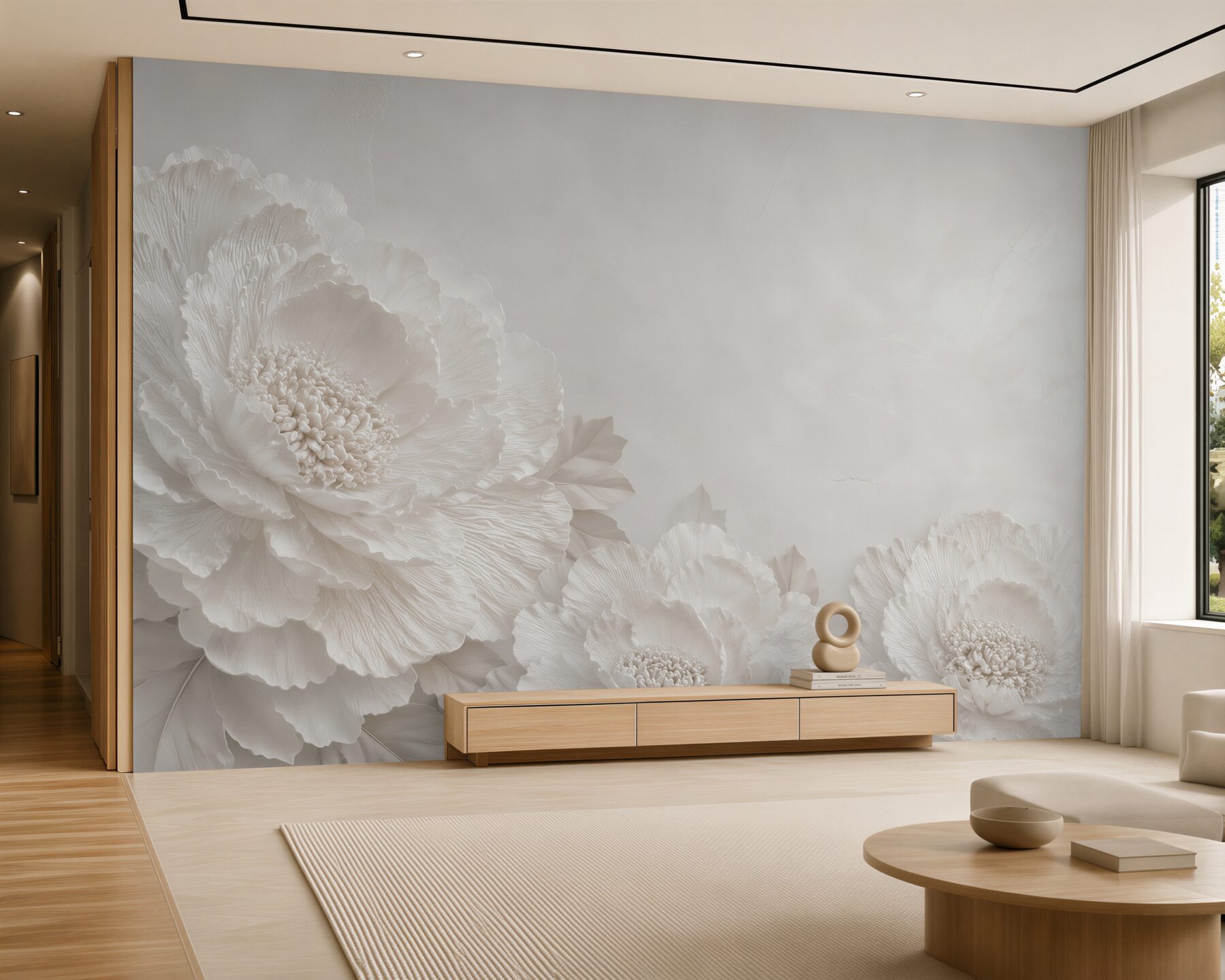 Fotobehang witte pioenen 3D in elegante beige tinten voor de woonkamer