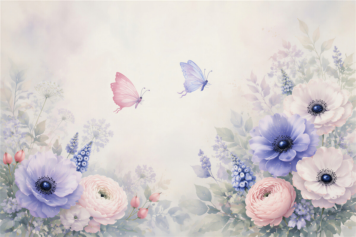 Fotobehang pastel bloemen en delicate vlinders romantisch voor de slaapkamer