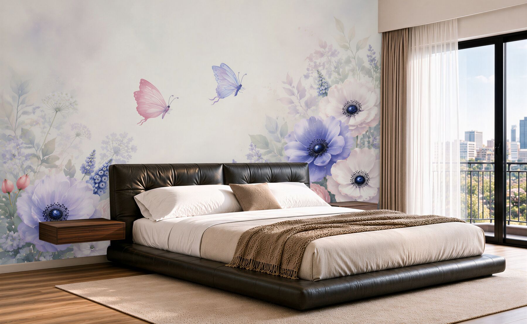 Fotobehang pastel bloemen en delicate vlinders romantisch voor de slaapkamer