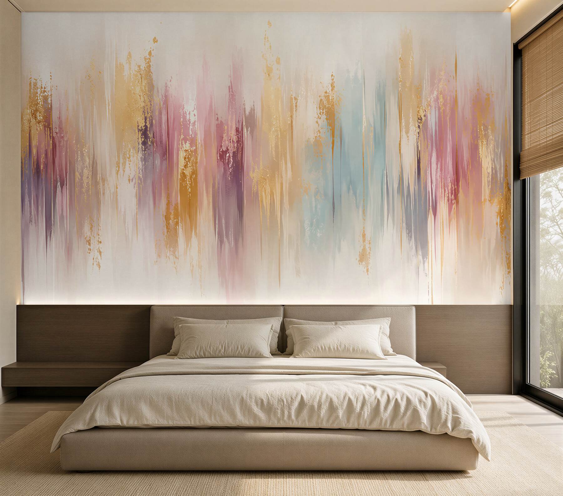 Fotobehang abstracte pastelstrepen met gouden accenten voor een modern interieur