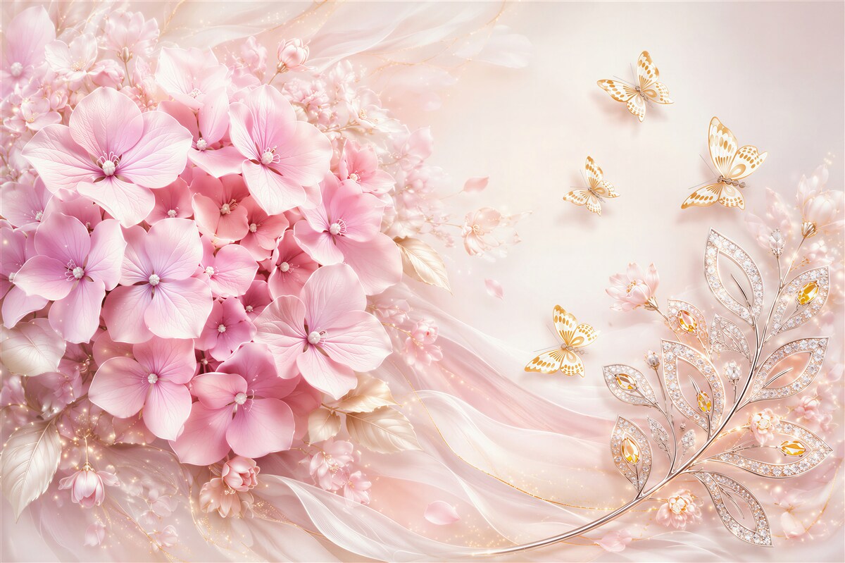Fotobehang roze hortensia's met vlinders elegante pastelcompositie