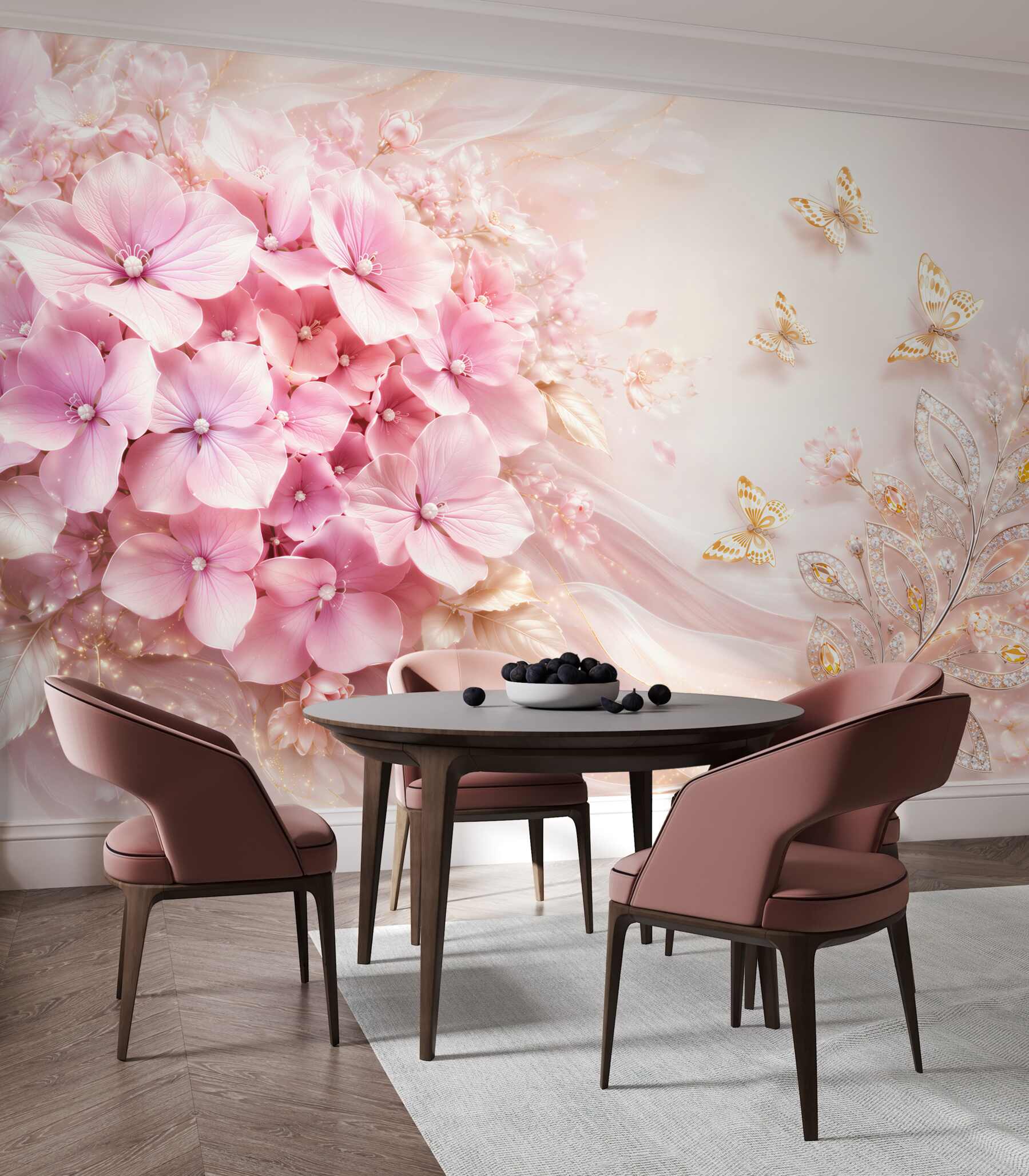 Fotobehang roze hortensia's met vlinders elegante pastelcompositie
