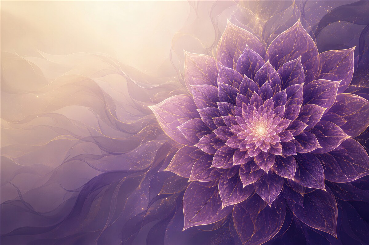 Fotobehang paarse mandala bloem met gouden accenten abstract