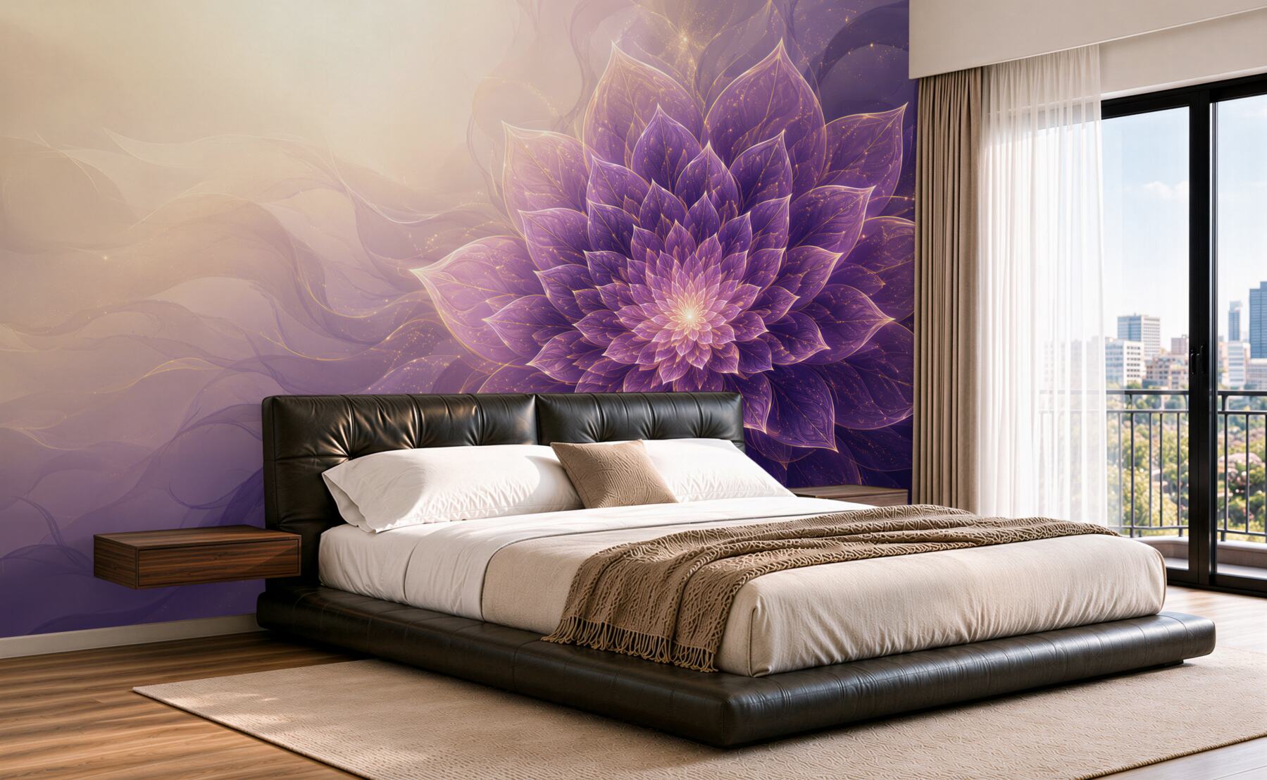 Fotobehang paarse mandala bloem met gouden accenten abstract