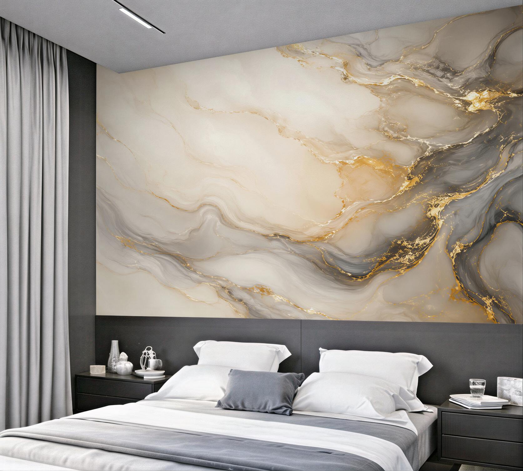 Fotobehang abstracte marmer wit grijs met gouden aderen