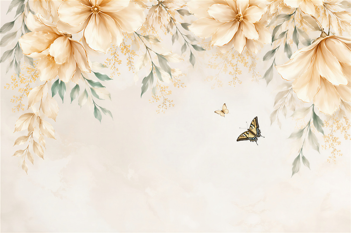 Fotobehang beige bloemen met vlinders subtiele elegantie voor de slaapkamer