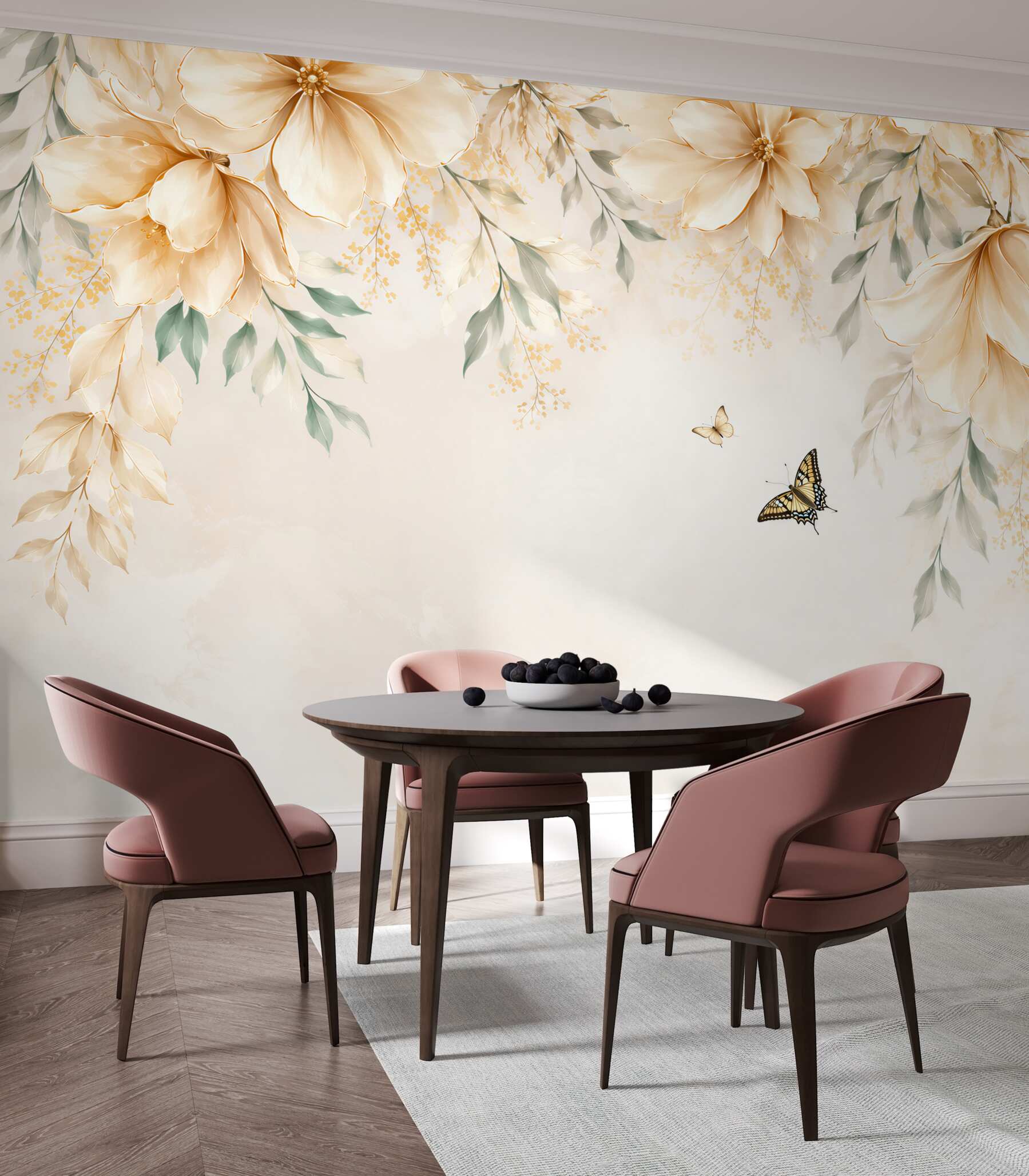 Fotobehang beige bloemen met vlinders subtiele elegantie voor de slaapkamer