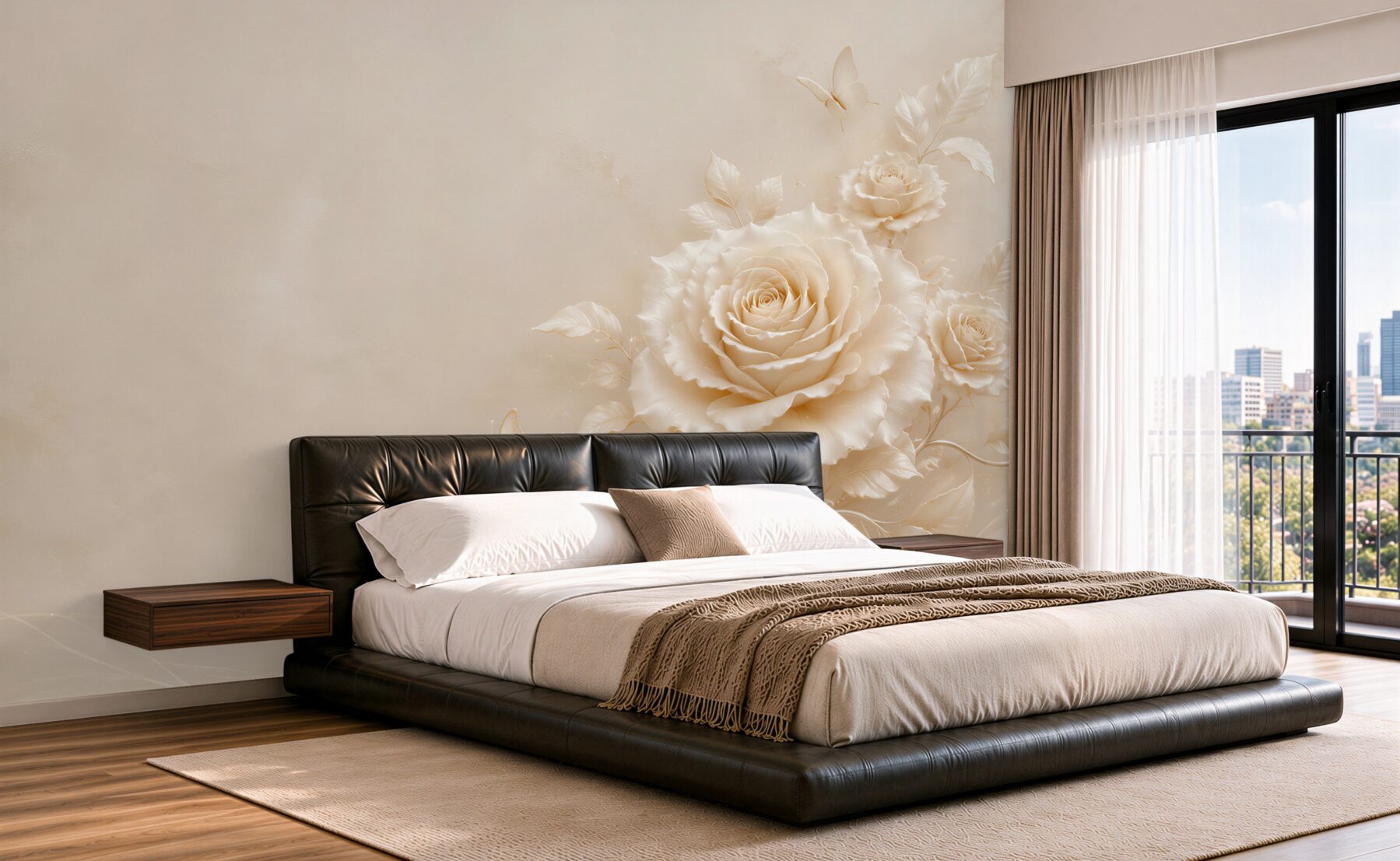Fotobehang crème rozen met vlinders subtiele elegantie voor woonkamer