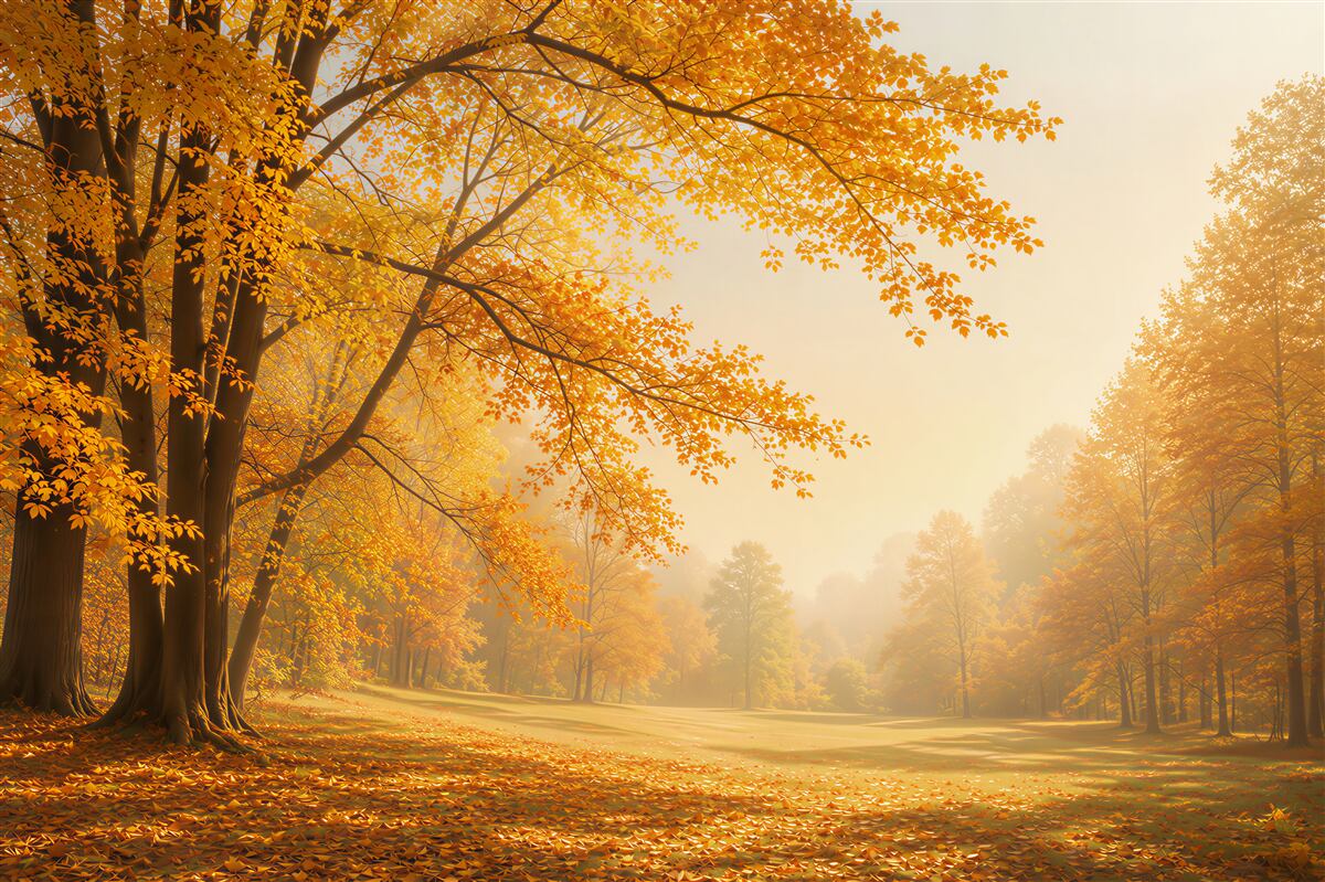 Fotobehang herfstpark met gouden bomen in het ochtendlicht