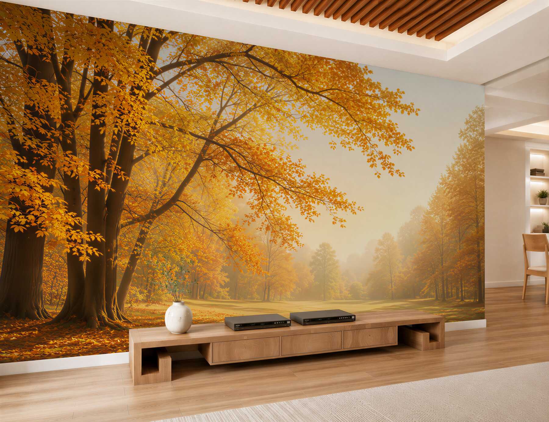 Fotobehang herfstpark met gouden bomen in het ochtendlicht