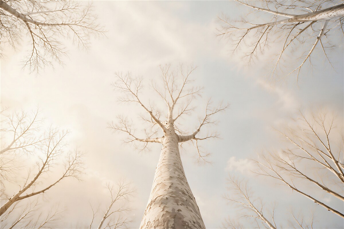 Fotobehang witte berken uitzicht naar de lucht helder minimalistisch