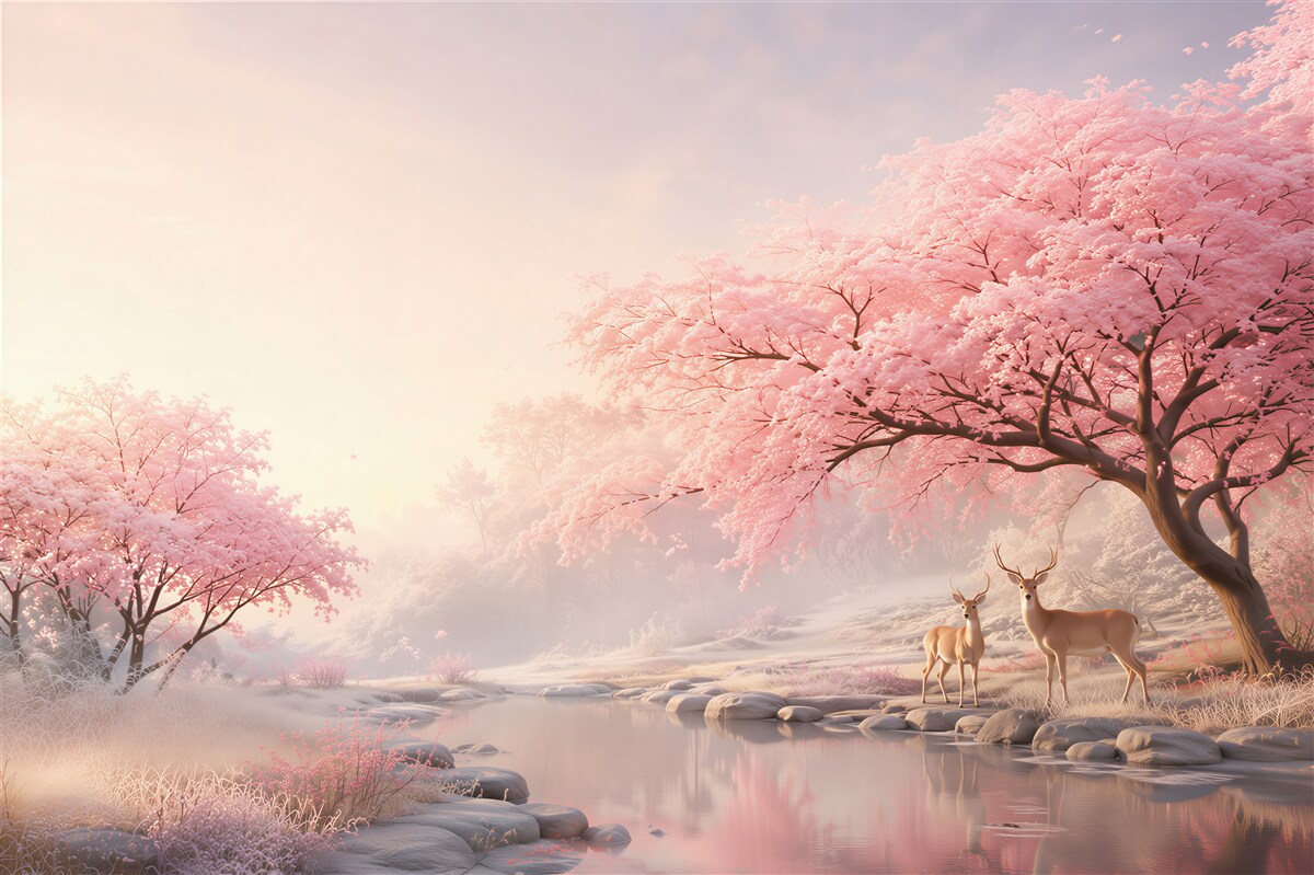 Fotobehang roze bloeiende bomen en herten langs de rivier sprookjesachtig landschap
