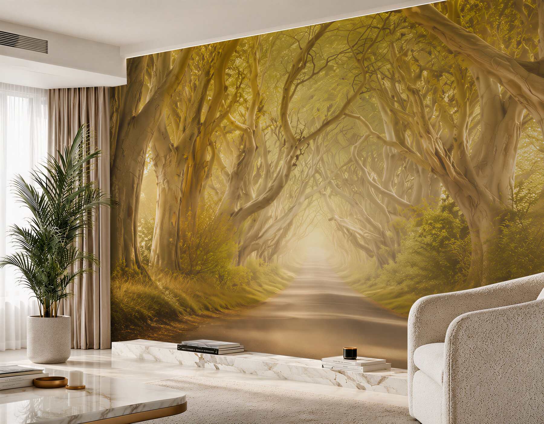 Fotobehang bomenlaan in gouden licht sprookjesachtig landschap
