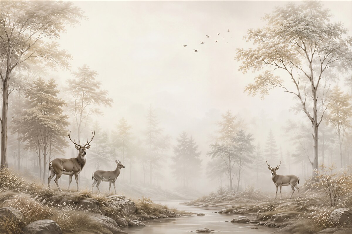 Fotobehang herten boven een bosbeek in de mist beige rustig