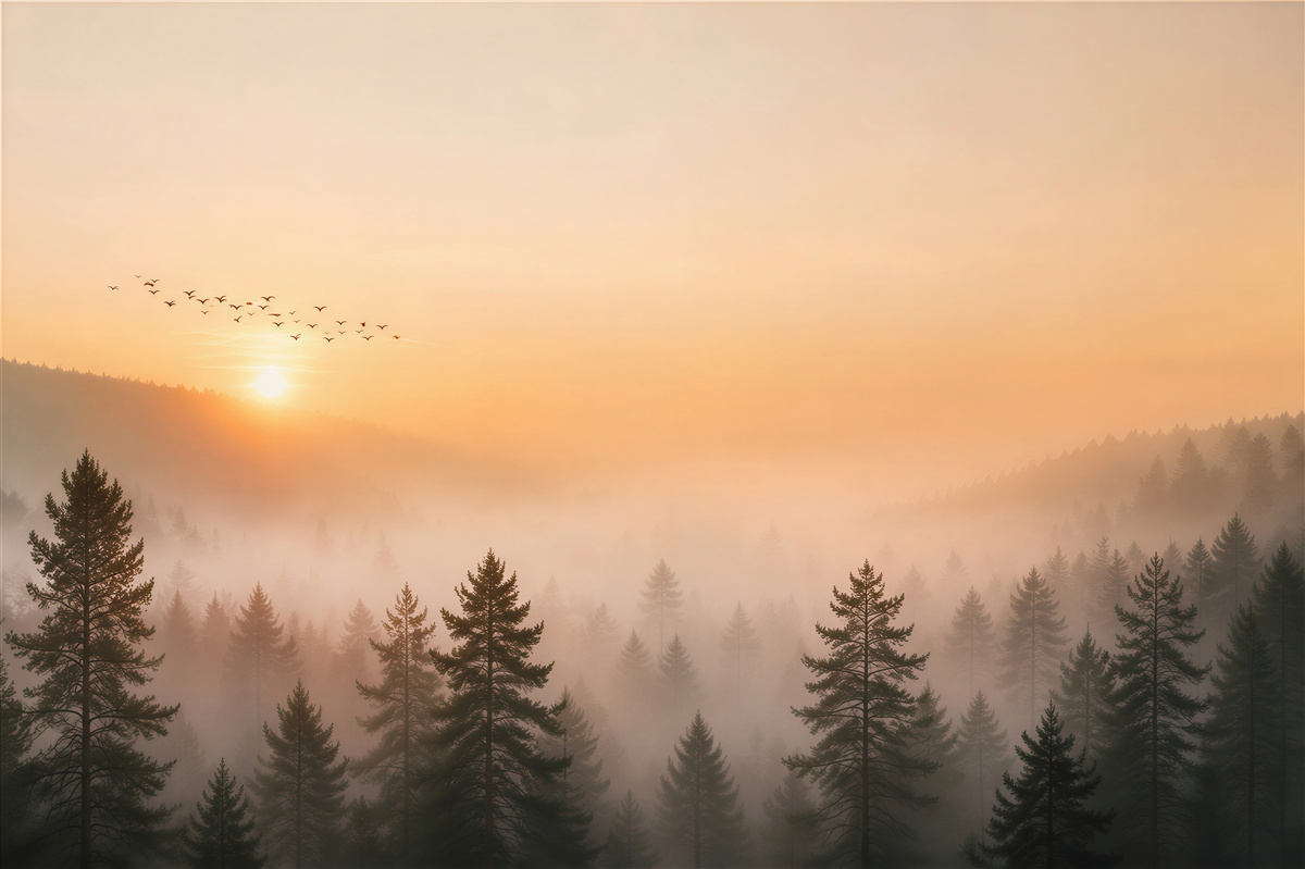 Fotobehang naaldbos in de mist bij zonsopgang in warme kleuren