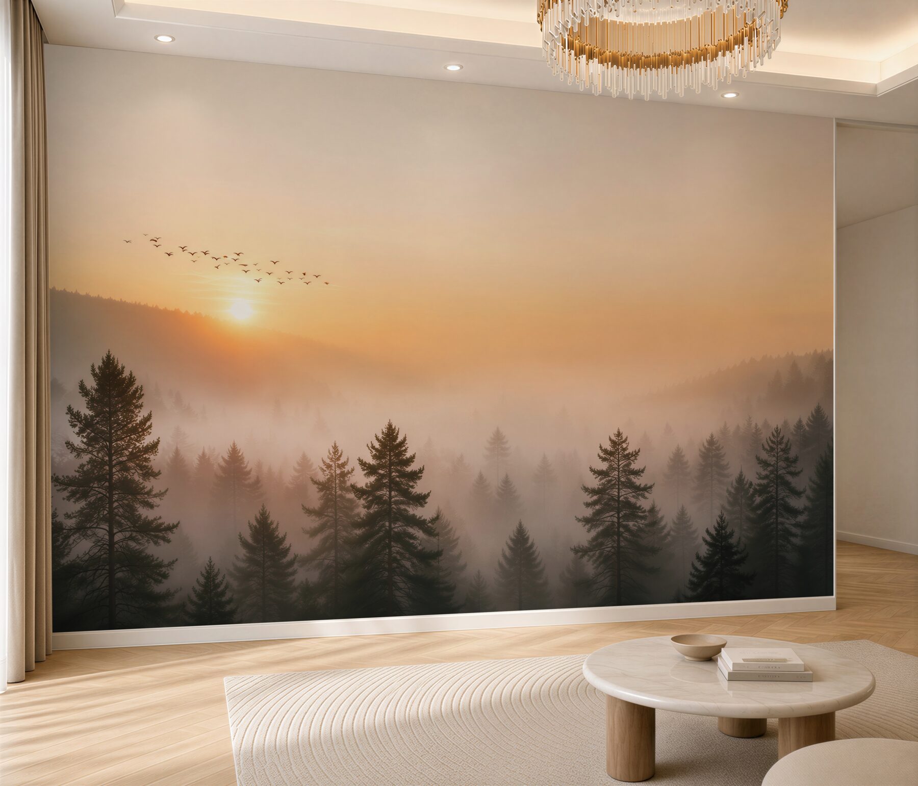 Fotobehang naaldbos in de mist bij zonsopgang in warme kleuren