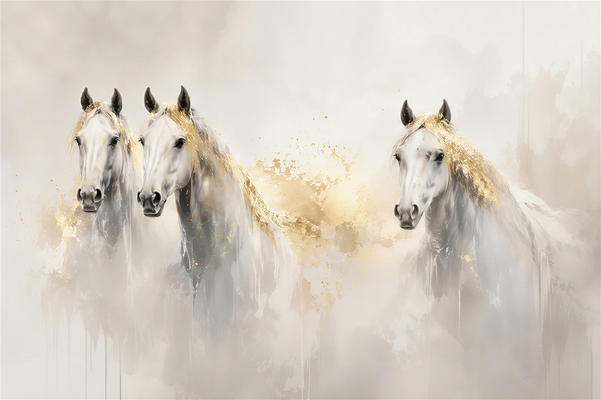 Fotobehang witte paarden in elegante beige-gouden aquarel