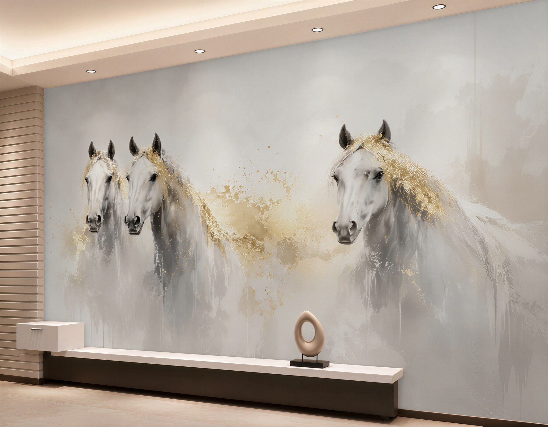 Fotobehang witte paarden in elegante beige-gouden aquarel