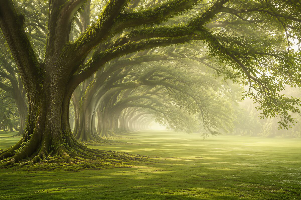 Fotobehang laan van oude bomen met groene bladerdak sprookjesachtig landschap