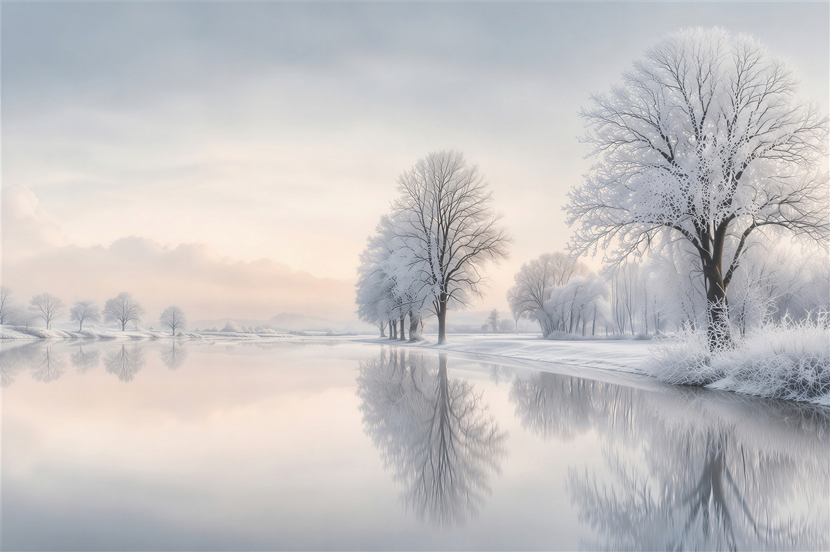 Fotobehang winterlandschap met besneeuwde bomen bij een rustig meer