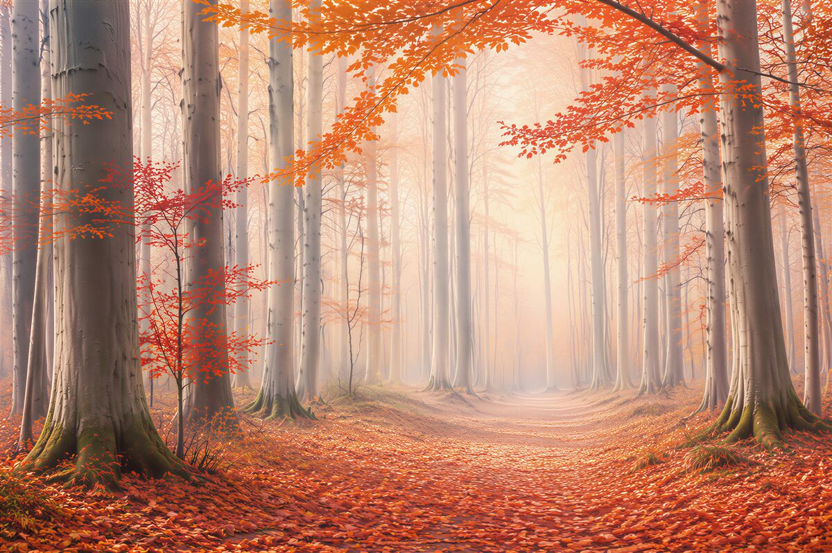Fotobehang herfstbos met oranje bladeren en bospad