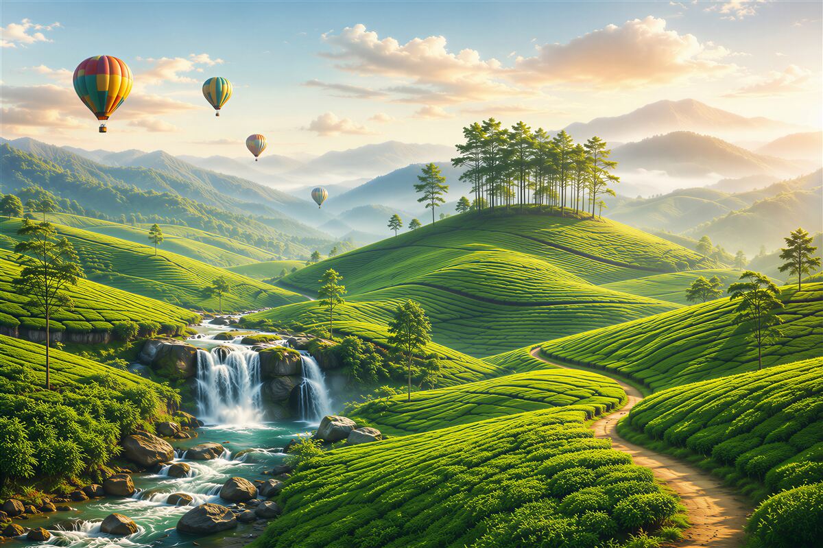 Fotobehang groene heuvels met waterval en ballonnen bij zonsopgang