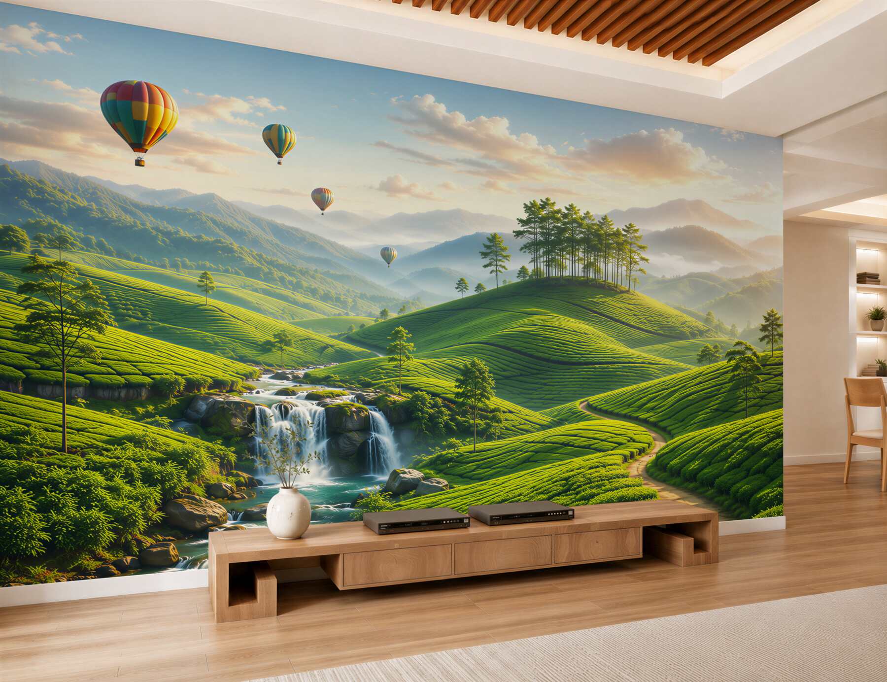 Fotobehang groene heuvels met waterval en ballonnen bij zonsopgang