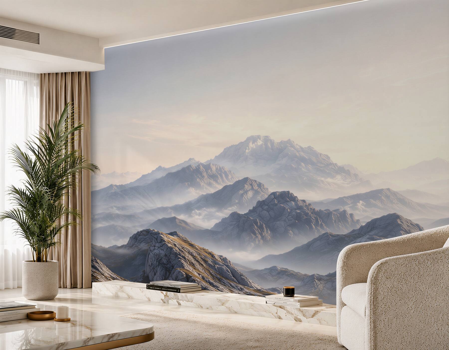 Fotobehang berglandschap in de mist in lichte beige-grijze tinten