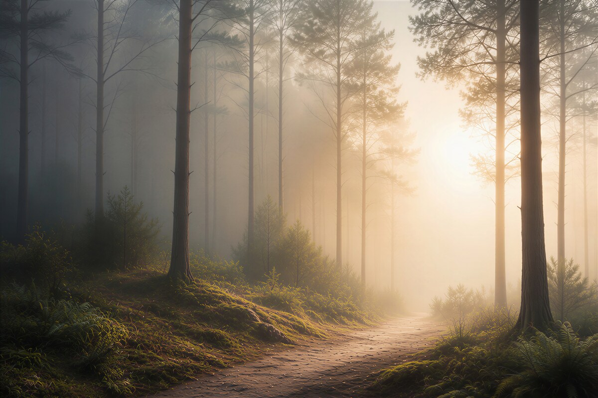 Fotobehang bospad in de mist met zonnestralen