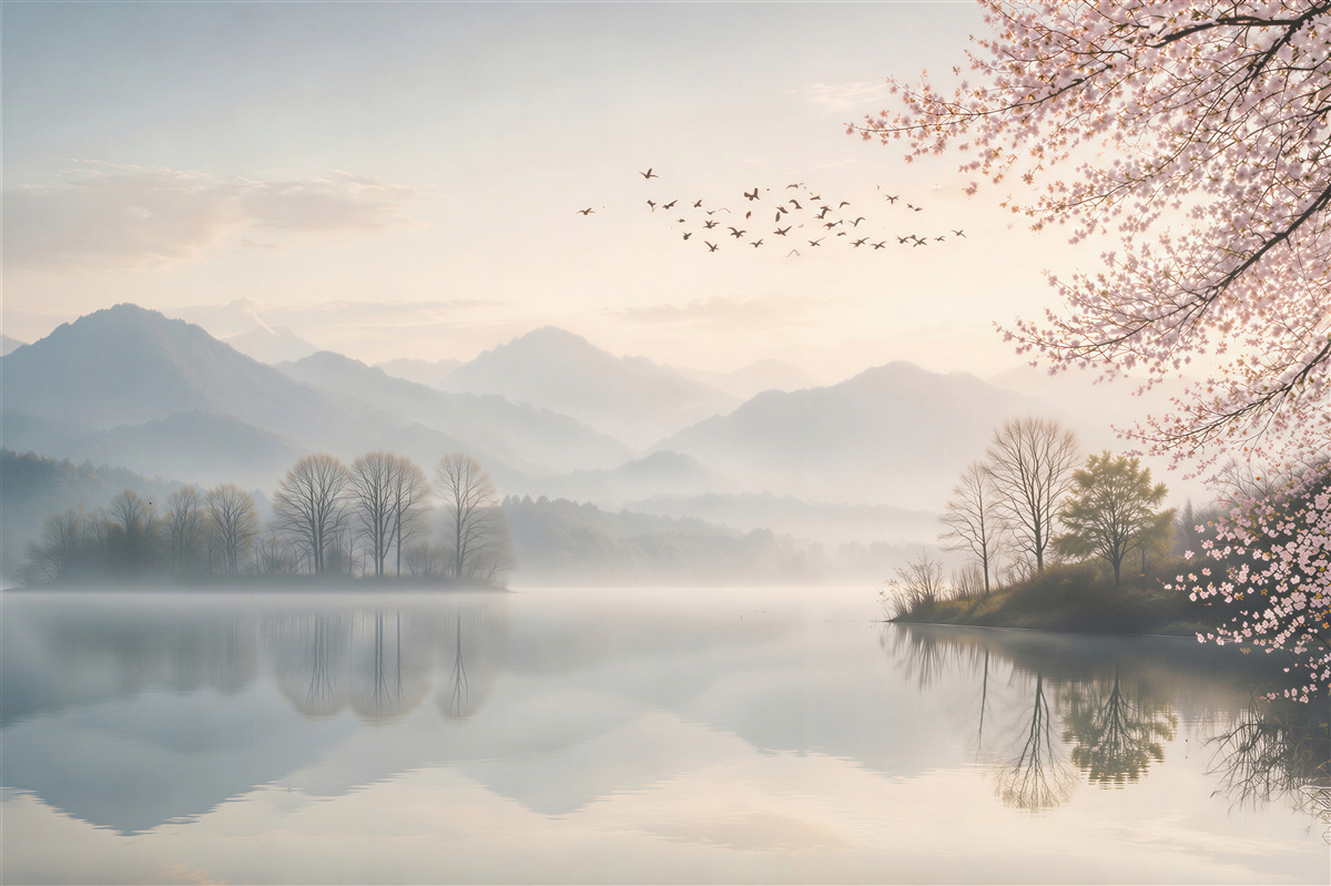 Fotobehang meer met bergen en bloeiende kers in de ochtend