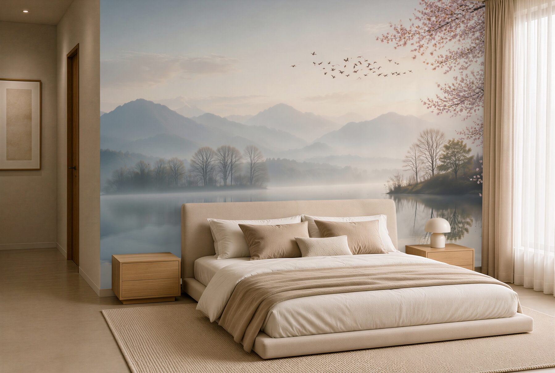 Fotobehang meer met bergen en bloeiende kers in de ochtend