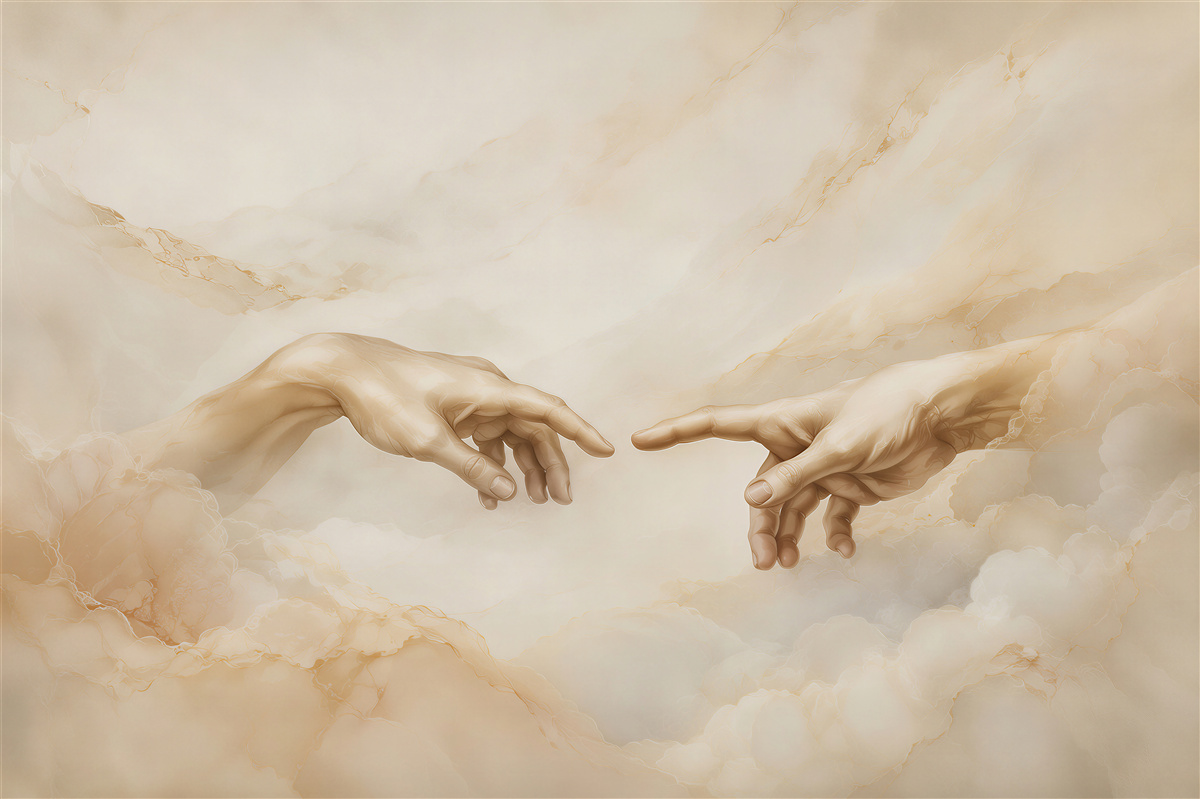 Fotobehang handen in beige wolken geïnspireerd door een klassiek fresco