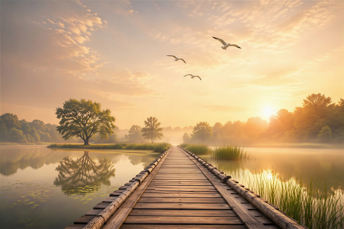 Fotobehang steiger aan het meer bij zonsopgang rustig landschap