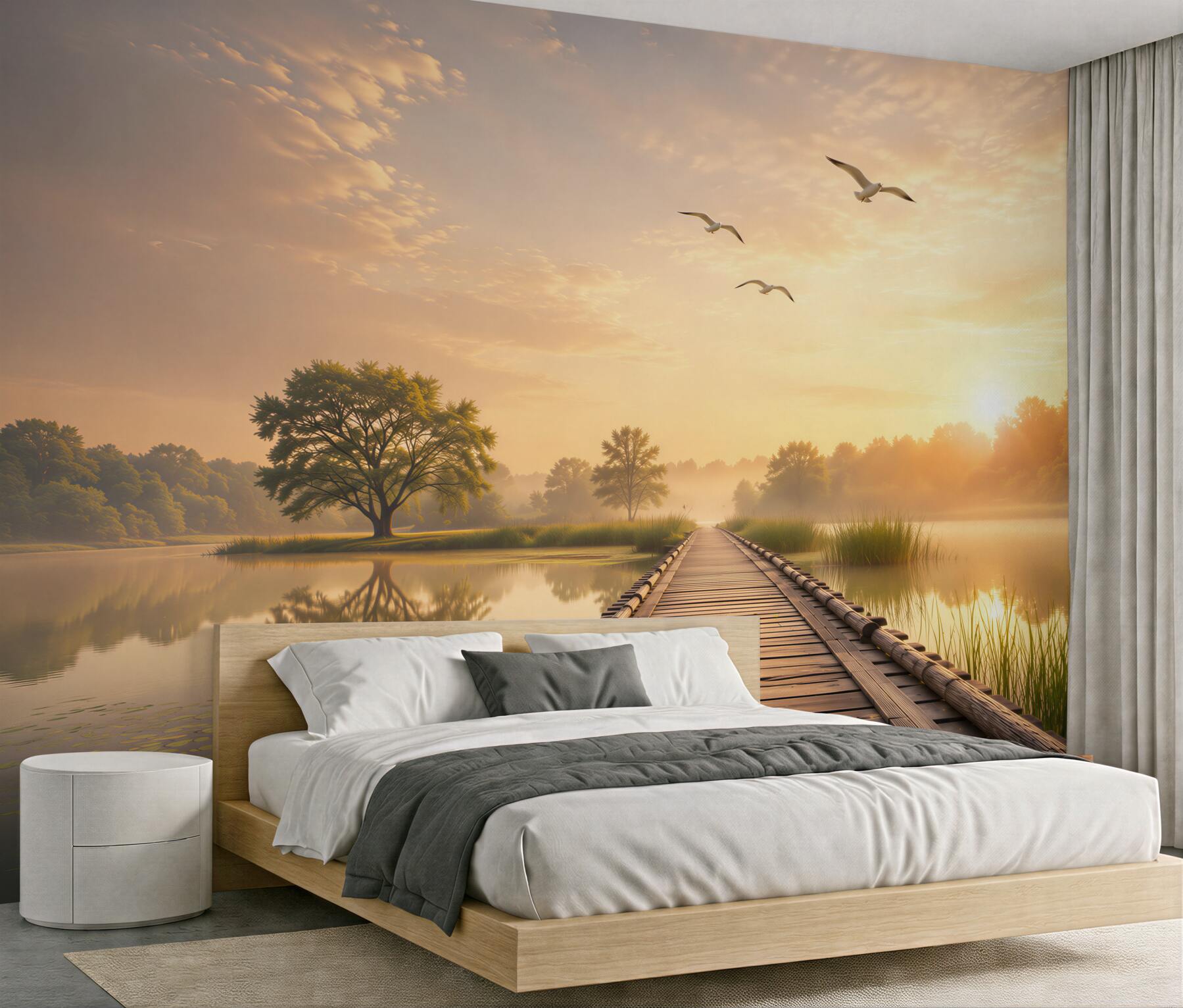 Fotobehang steiger aan het meer bij zonsopgang rustig landschap