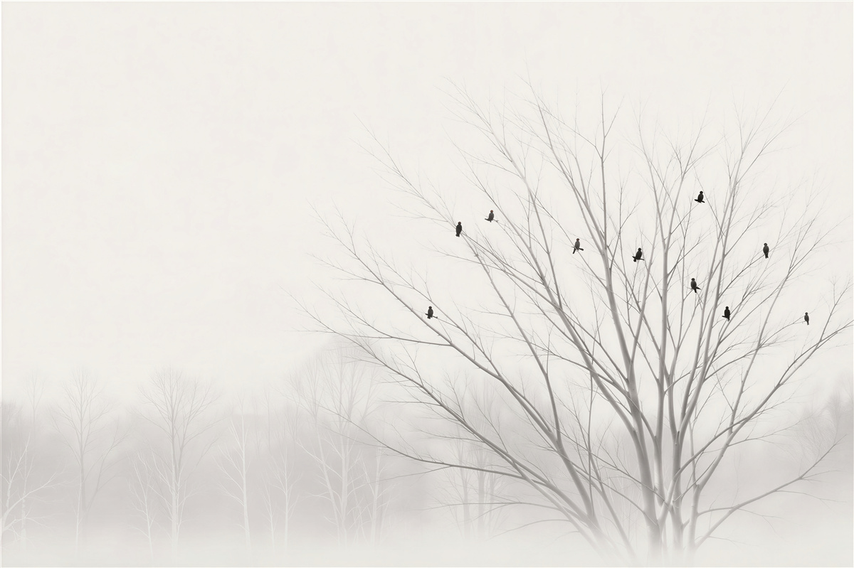 Fotobehang vogels op blote takken in delicate minimalistische mist