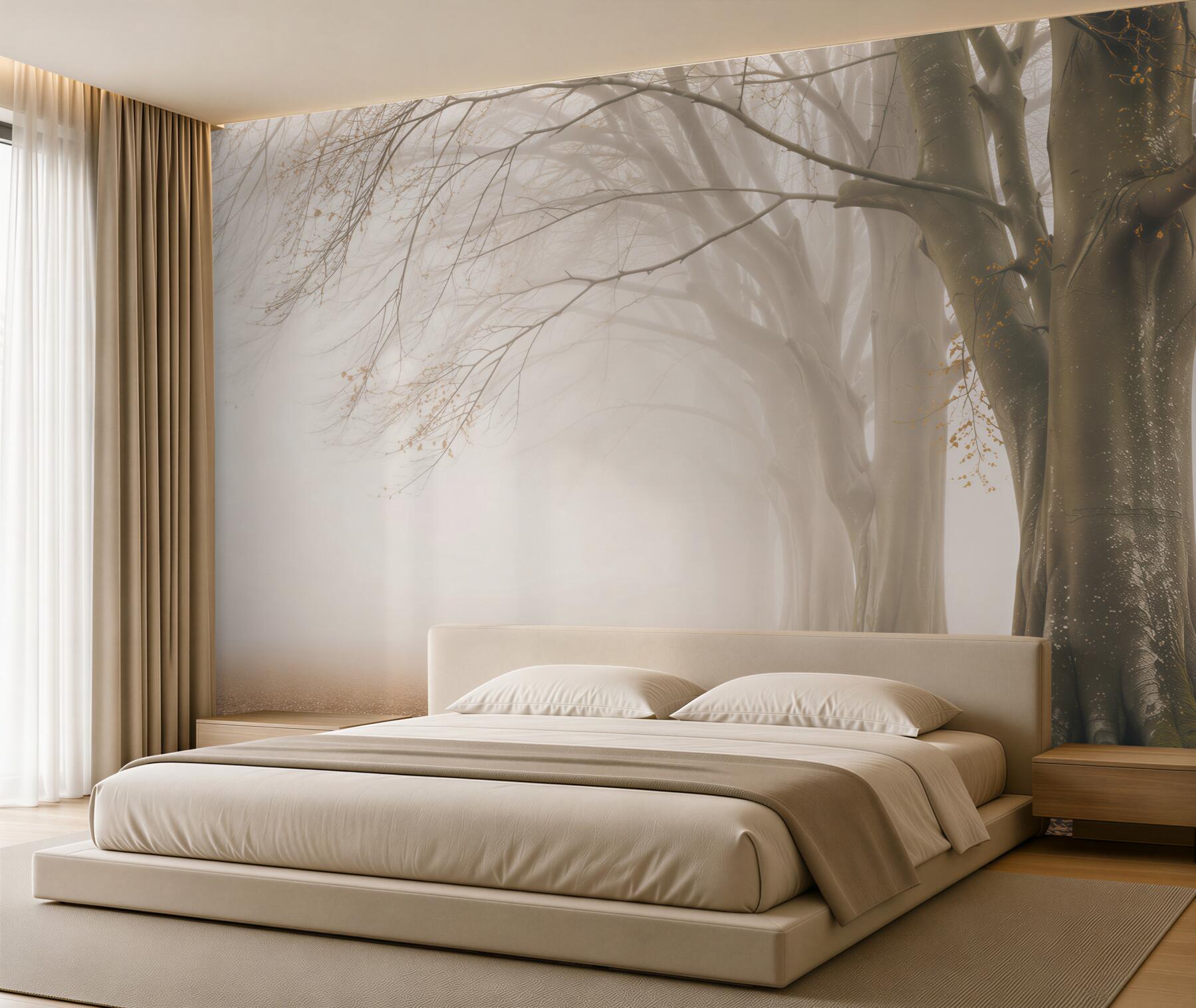 Fotobehang bomenlaan in de mist beige boslandschap voor de woonkamer