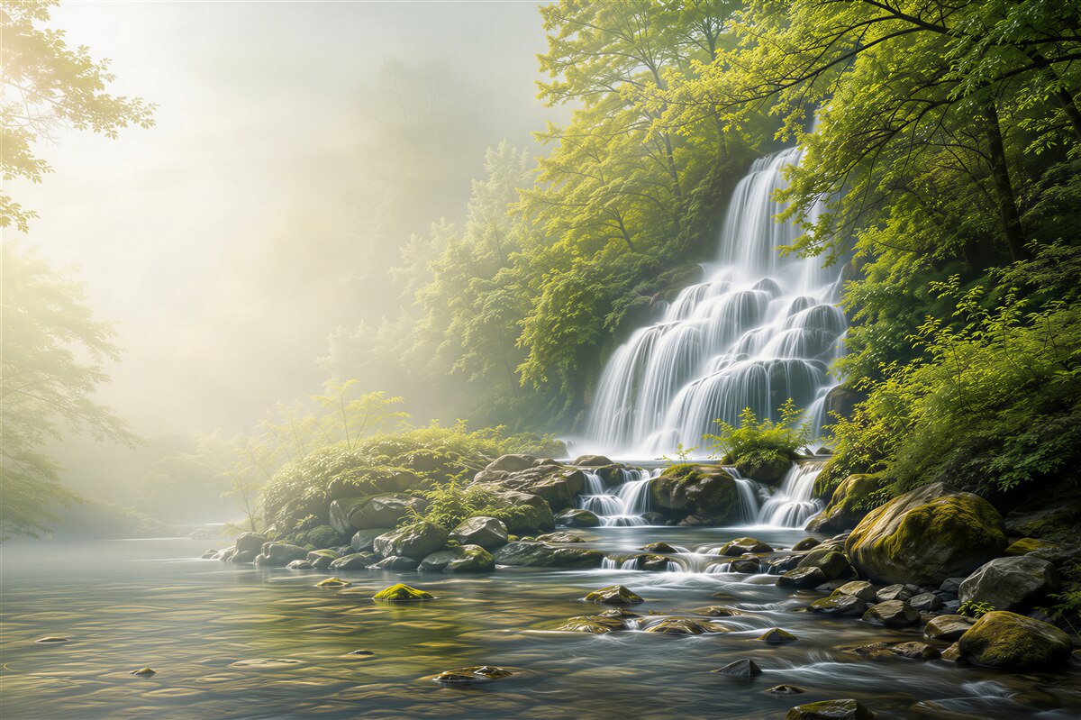 Fotobehang waterval in het groene bos met zonnestralen ontspannend