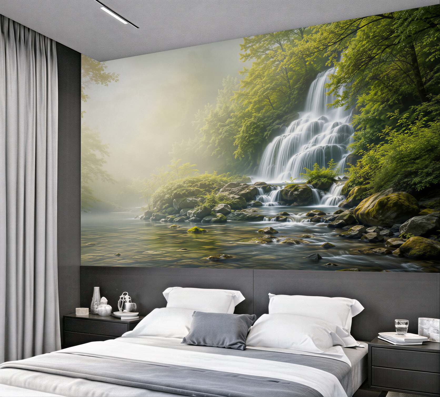 Fotobehang waterval in het groene bos met zonnestralen ontspannend
