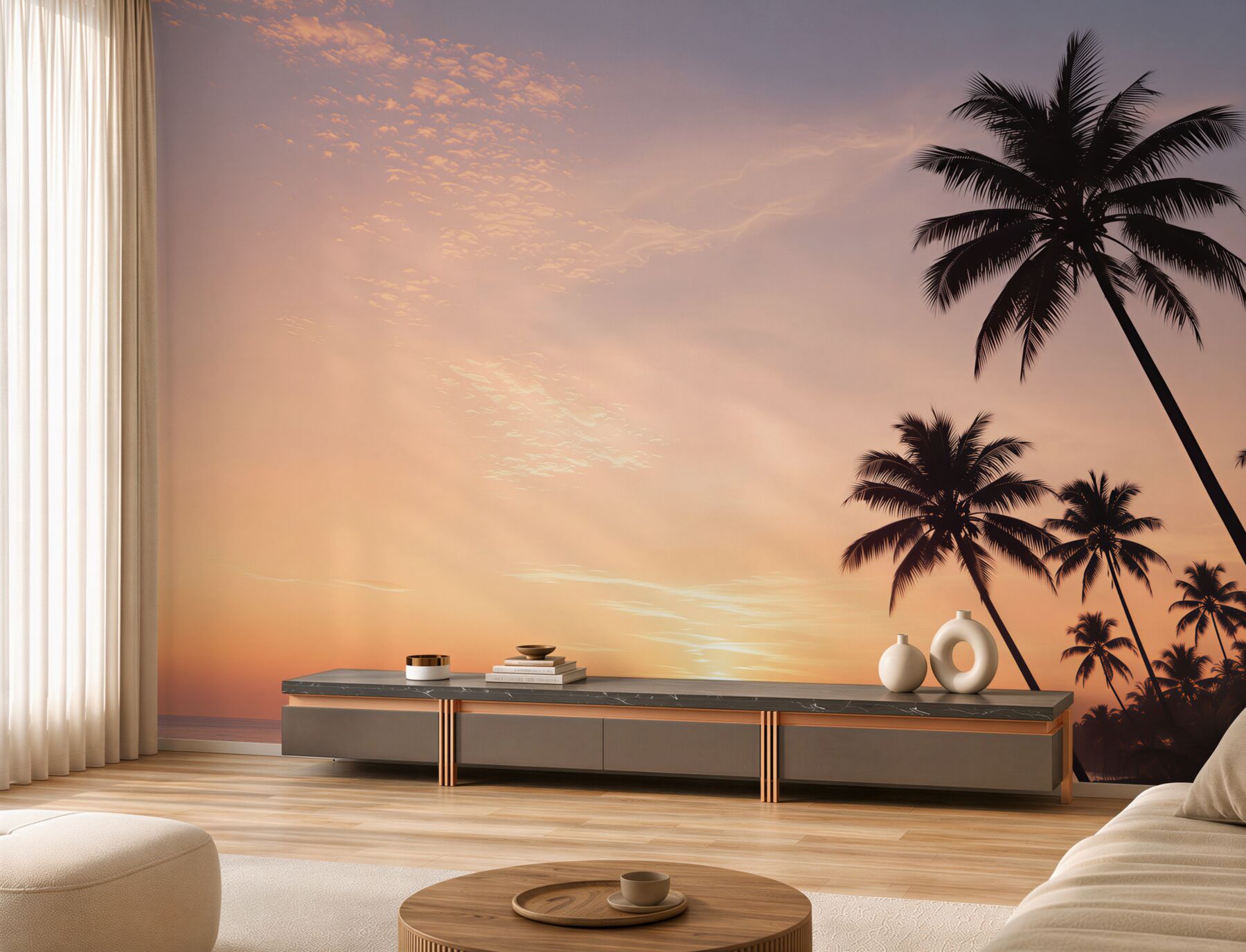 Fotobehang palmbomen bij zonsondergang aan zee tropisch landschap