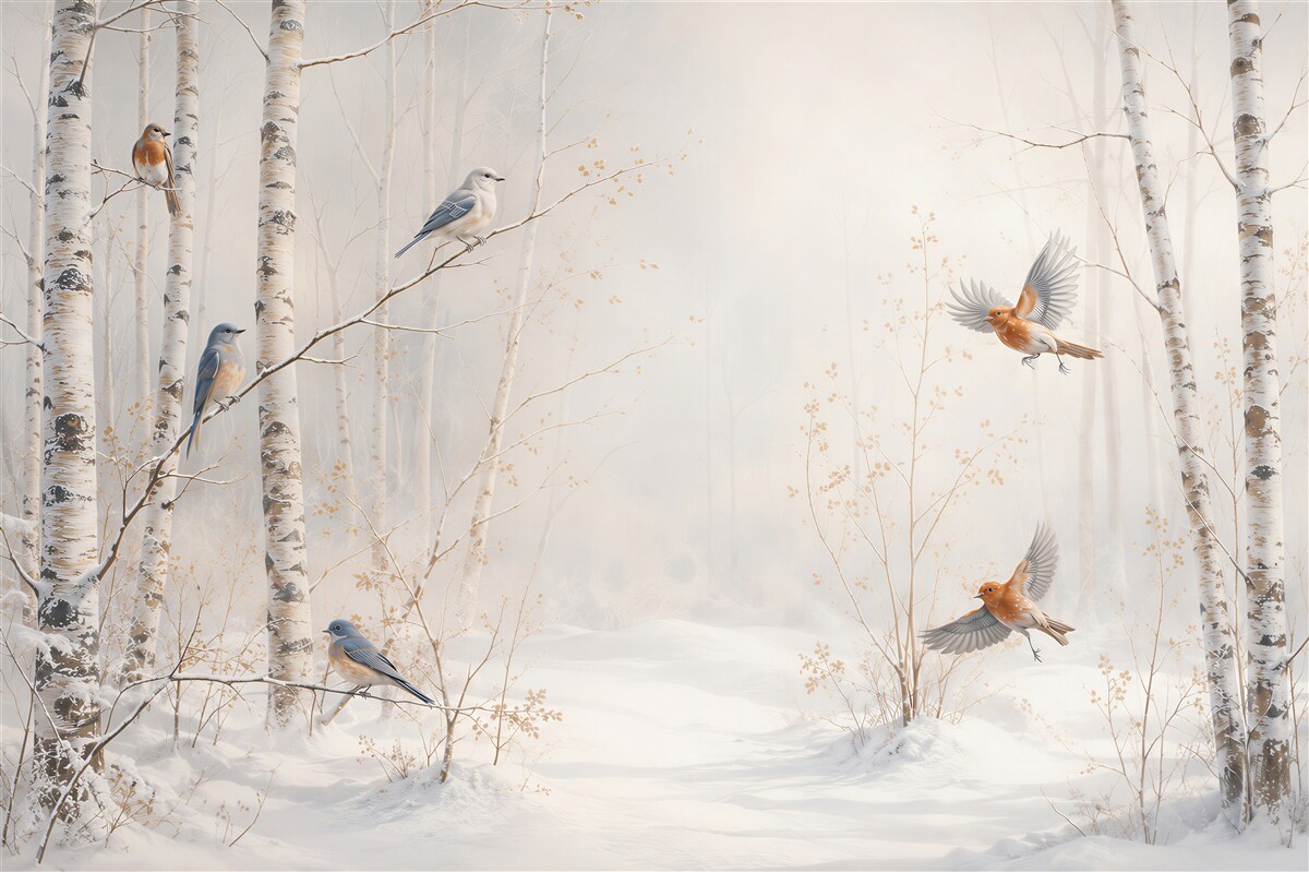 Fotobehang berkenbos in de winter met vogels in delicate lichte kleuren