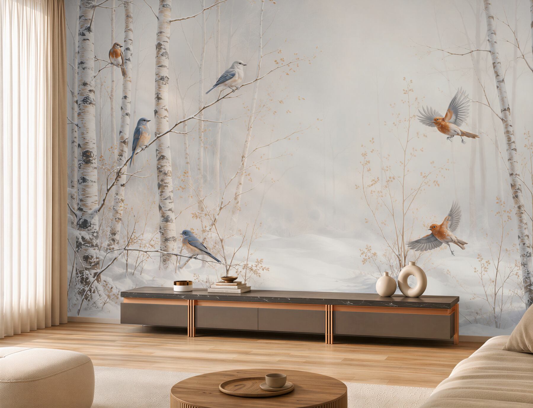 Fotobehang berkenbos in de winter met vogels in delicate lichte kleuren