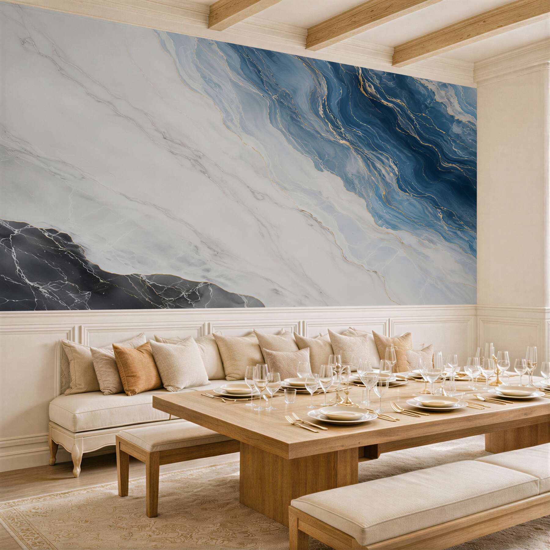 Fotobehang moderne marmer wit blauw met gouden aderen