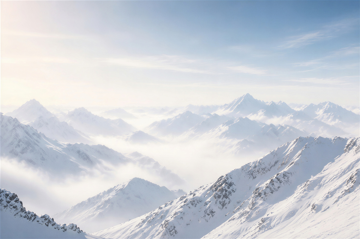 Fotobehang besneeuwde bergen in de mist panoramisch winterlandschap