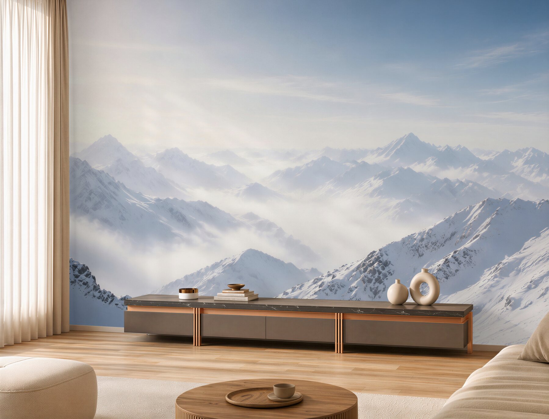 Fotobehang besneeuwde bergen in de mist panoramisch winterlandschap