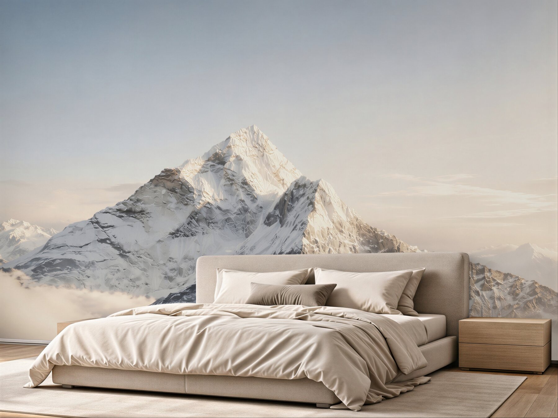 Fotobehang besneeuwde bergtop boven de wolken in gouden licht