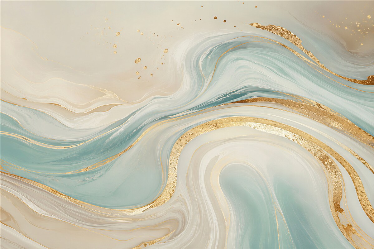 Fotobehang abstracte gemarmerde golven blauw beige met gouden accenten